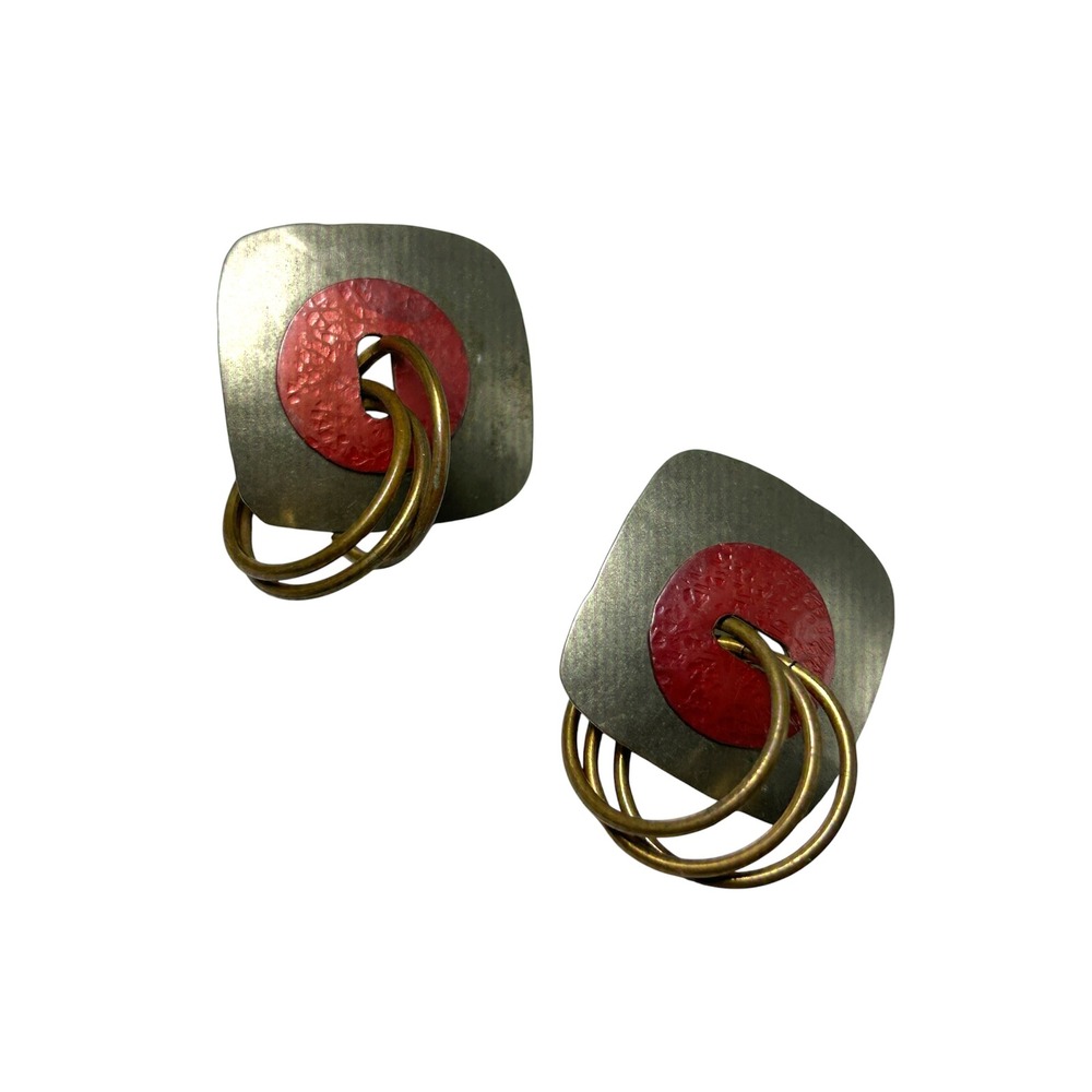 Vintage Mixed Metal Geometric Post Earrings Square Red Circle Brass Rings